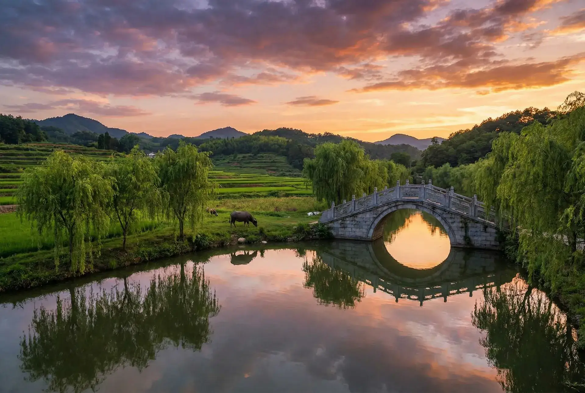 夕阳下的石拱桥与垂柳，水牛在河边吃草 - 韩剧绿蔷薇 乡村美景